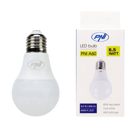 PNI LED izzó, 8.5W, E27, 6500K (A60)