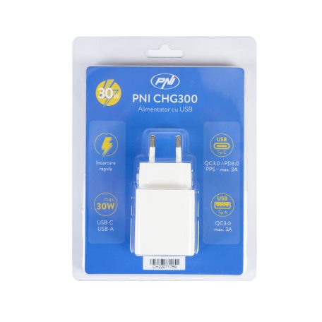 PNI Univerzális USB és USB-C gyorstöltő, tápegység, 30W, 3A (PNI-CHG300)