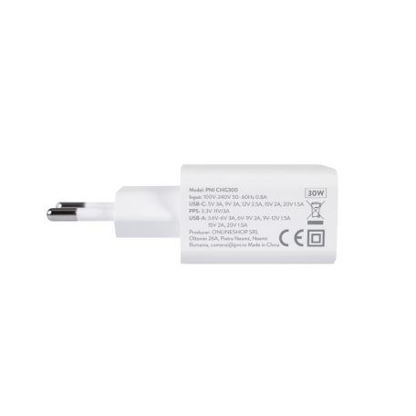PNI Univerzális USB és USB-C gyorstöltő, tápegység, 30W, 3A (PNI-CHG300)