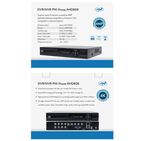 PNI 8 csatornás rögzítő, DVR, max. 8db 4Mp-es kameráig (PNI-HOUSEA808)