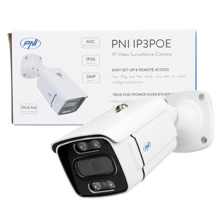PNI 3.0Mp-es SuperHd, POE, IP csőkamera, mikrofonnal, beépített Infra és fehér leddel (PNI-IP03POE)