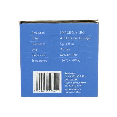 PNI 3.0Mp-es SuperHd, POE, IP csőkamera, mikrofonnal, beépített Infra és fehér leddel (PNI-IP03POE)