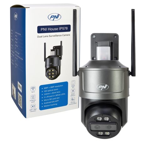 PNI 8.0Mp-es, dupla lencsés, IP robotkamera dupla WiFi-vel, microSd foglalattal, mozgás követéssel (PNI-IP578)