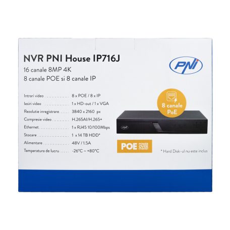 PNI Ip POE rögzítő, NVR, max. 16db 4K felbontású ip kamerához (PNI-IP716J)