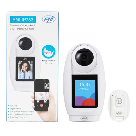 PNI 3.0Mp-es, kijelzős WiFi beltéri IP kamera, babafigyelő funkcióval, bluetooth mikrofonnal (PNI-IP733)