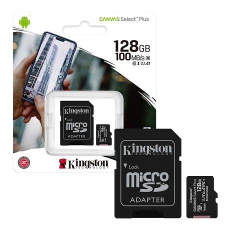 Kingston MicroSDXC 128GB memóriakártya, Class10, UHS-1, 100MB/s+Adapter (PNI-KIMSDXC128B)