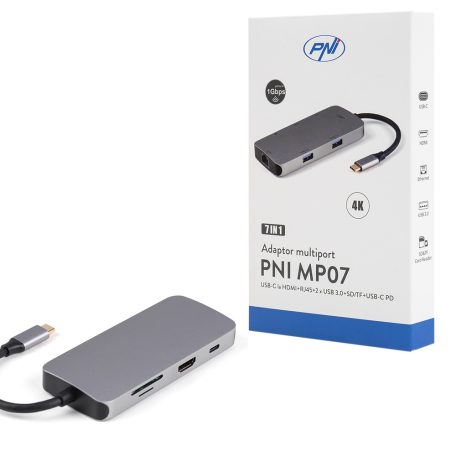 PNI 7az1-ben USB-C adapter/HUB -  HDMI, 2 x USB 3.0, RJ45, SD/TF, USB-C PD (PNI-MP02)