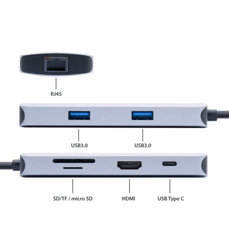 PNI 7az1-ben USB-C adapter/HUB -  HDMI, 2 x USB 3.0, RJ45, SD/TF, USB-C PD (PNI-MP02)