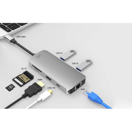PNI 7az1-ben USB-C adapter/HUB -  HDMI, 2 x USB 3.0, RJ45, SD/TF, USB-C PD (PNI-MP02)