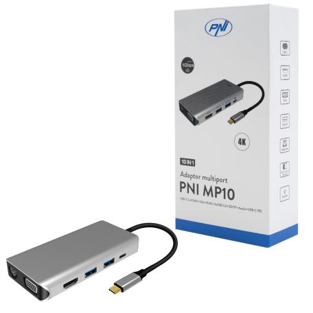 PNI 10az1-ben USB-C adapter/HUB - HDMI, VGA, 3 x USB 3.0, SD / TF, RJ45, audio 3.5, USB-C PD (PNI-MP10)