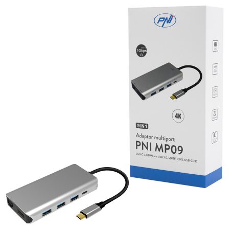 PNI 9az1-ben USB-C adapter/HUB - HDMI, 4 x USB 3.0, SD / TF, RJ45, USB-C PD (PNI-MP90)