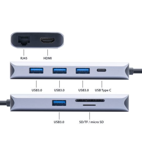 PNI 9az1-ben USB-C adapter/HUB - HDMI, 4 x USB 3.0, SD / TF, RJ45, USB-C PD (PNI-MP90)
