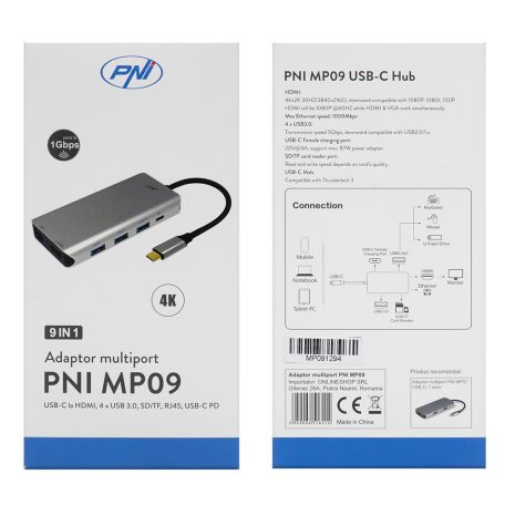 PNI 9az1-ben USB-C adapter/HUB - HDMI, 4 x USB 3.0, SD / TF, RJ45, USB-C PD (PNI-MP90)