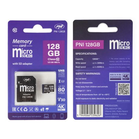 PNI MicroSDXC 128GB memóriakártya, Class10, V30, + adapter (PNI-MSD128 GB)