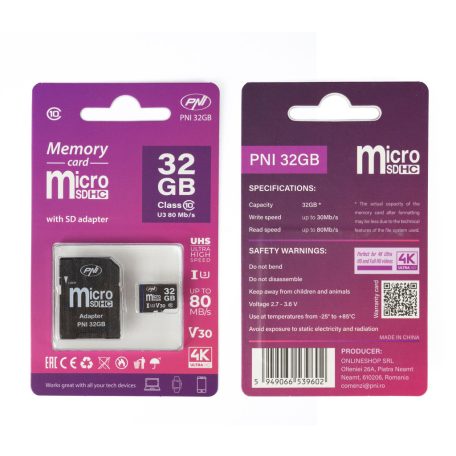 PNI MicroSDXC 32GB memóriakártya, Class10, V30, + adapter (PNI-MSD32 GB)