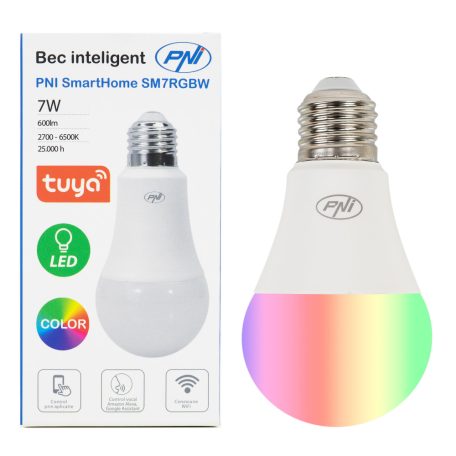 PNI WiFi-s LED izzó, 7W, E27, 2700-6500K+RGB változtatható színhőmérséklet és szín (PNI-SB7RGB)