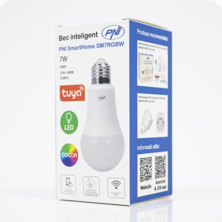 PNI WiFi-s LED izzó, 7W, E27, 2700-6500K+RGB változtatható színhőmérséklet és szín (PNI-SB7RGB)