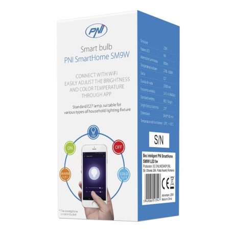 PNI WiFi-s LED izzó, 9W, E27, 2700-6500K változtatható színhőmérséklet (PNI-SB9W)