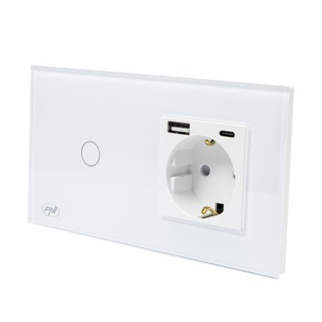 PNI WiFi-s, érintős villanykapcsoló, 1-es, dugajjal, USB-A, vlamint USB-C csatlakozóval (PNI-SH115W)