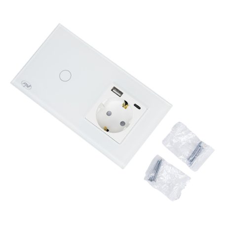 PNI WiFi-s, érintős villanykapcsoló, 1-es, dugajjal, USB-A, vlamint USB-C csatlakozóval (PNI-SH115W)