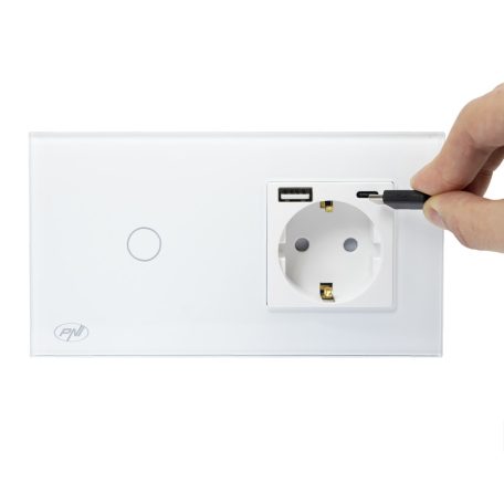 PNI WiFi-s, érintős villanykapcsoló, 1-es, dugajjal, USB-A, vlamint USB-C csatlakozóval (PNI-SH115W)