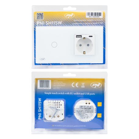 PNI WiFi-s, érintős villanykapcsoló, 1-es, dugajjal, USB-A, vlamint USB-C csatlakozóval (PNI-SH115W)