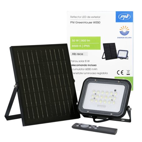 PNI Hordozható 50W-os, napelemes, távirányítható, akkumulátoros LED reflektor (PNI-WS500)